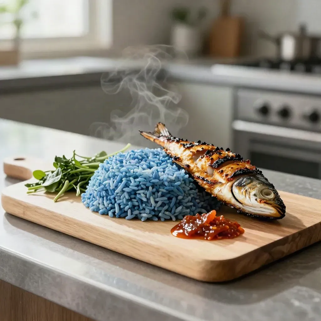 Nasi kerabu ikan bakar di papan kayu, beras biru, ikan panggang, herba segar dan sambal.