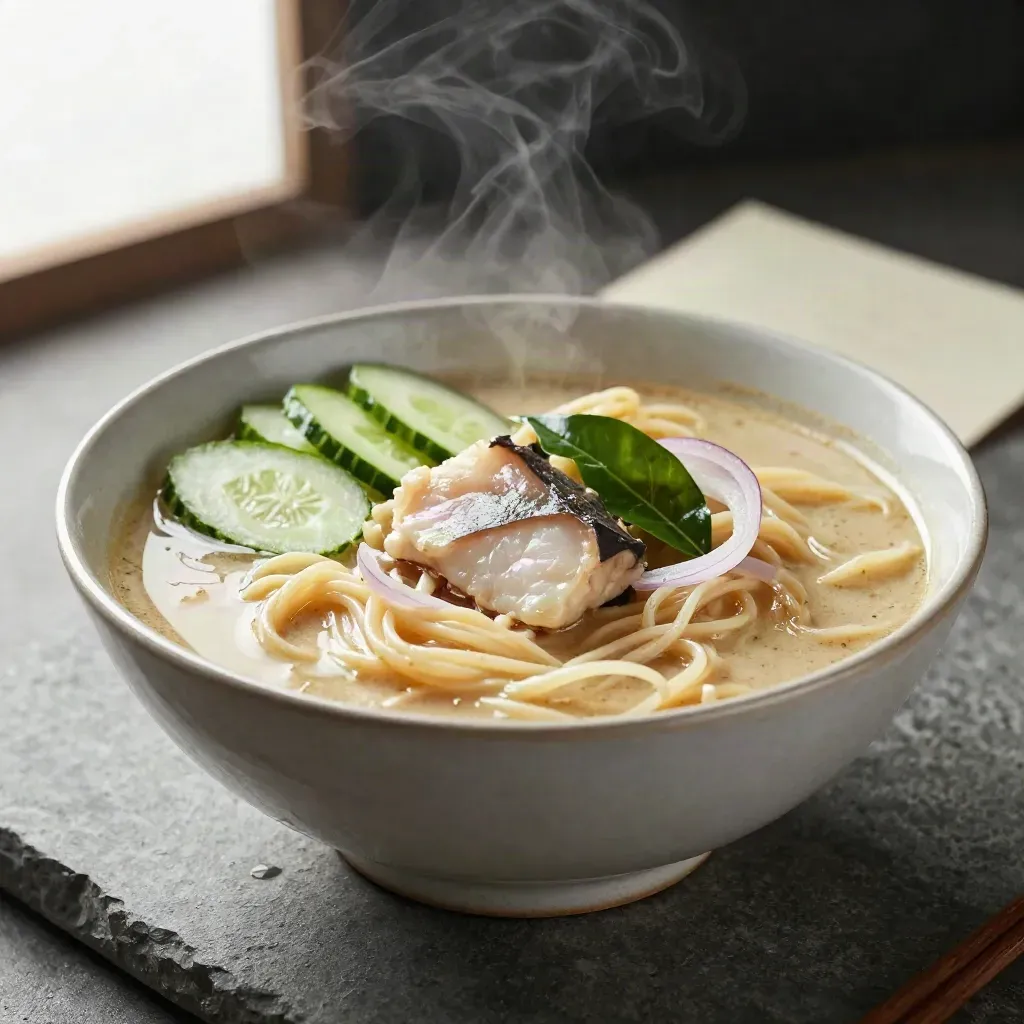 Semangkuk laksa Johor di atas batu, berkuah pekat berkilat dengan herba dan uap lembut.