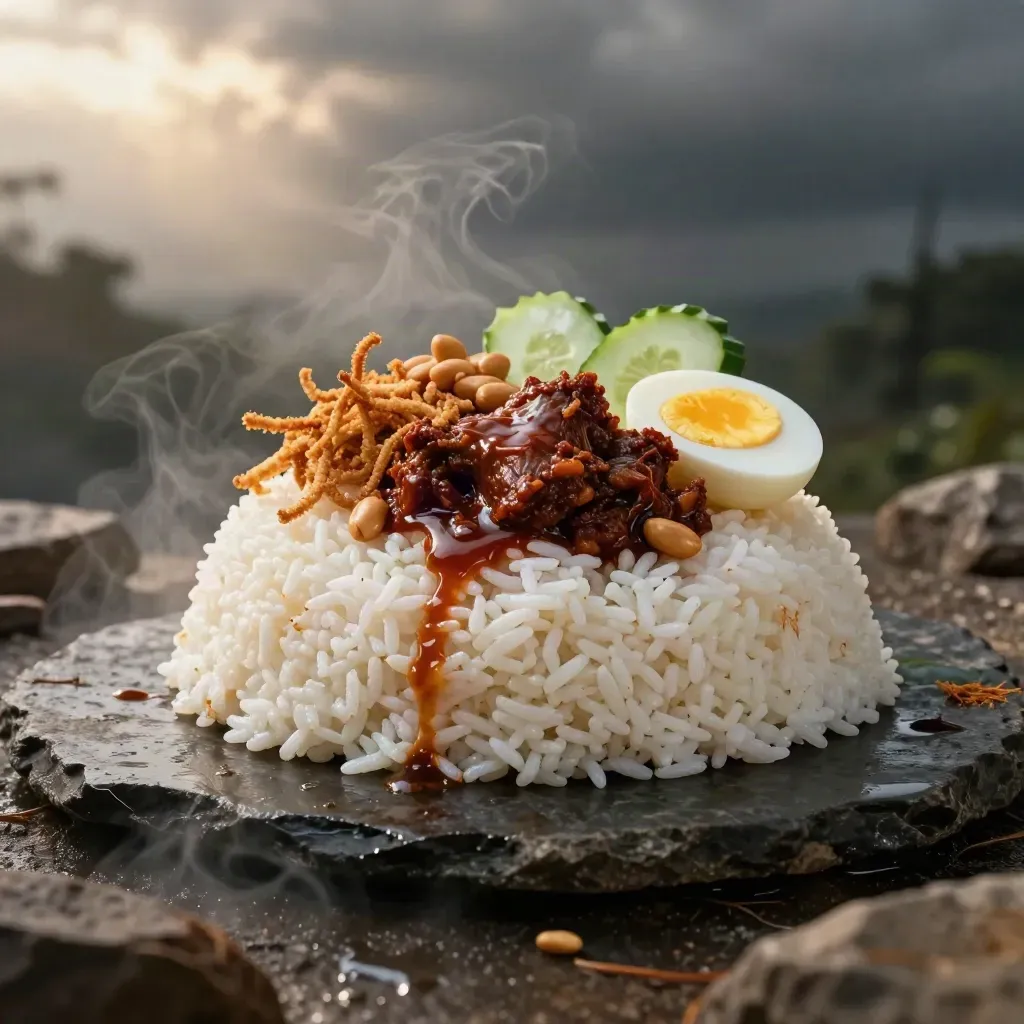 Pinggan nasi lemak rendang daging berwap di atas batu basah saat senja selepas hujan.