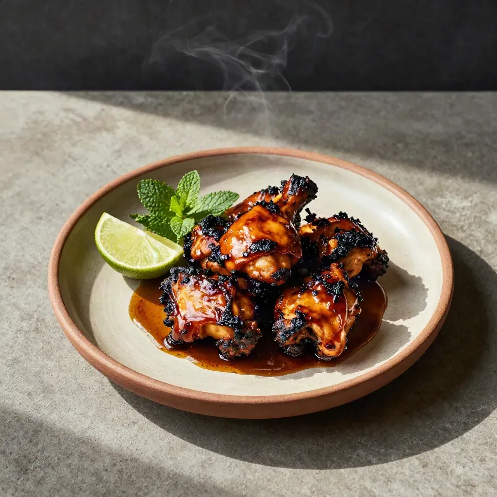 Pinggan ayam percik berempah dengan glaze berkilat, limau nipis, herba pudina dan wap halus.