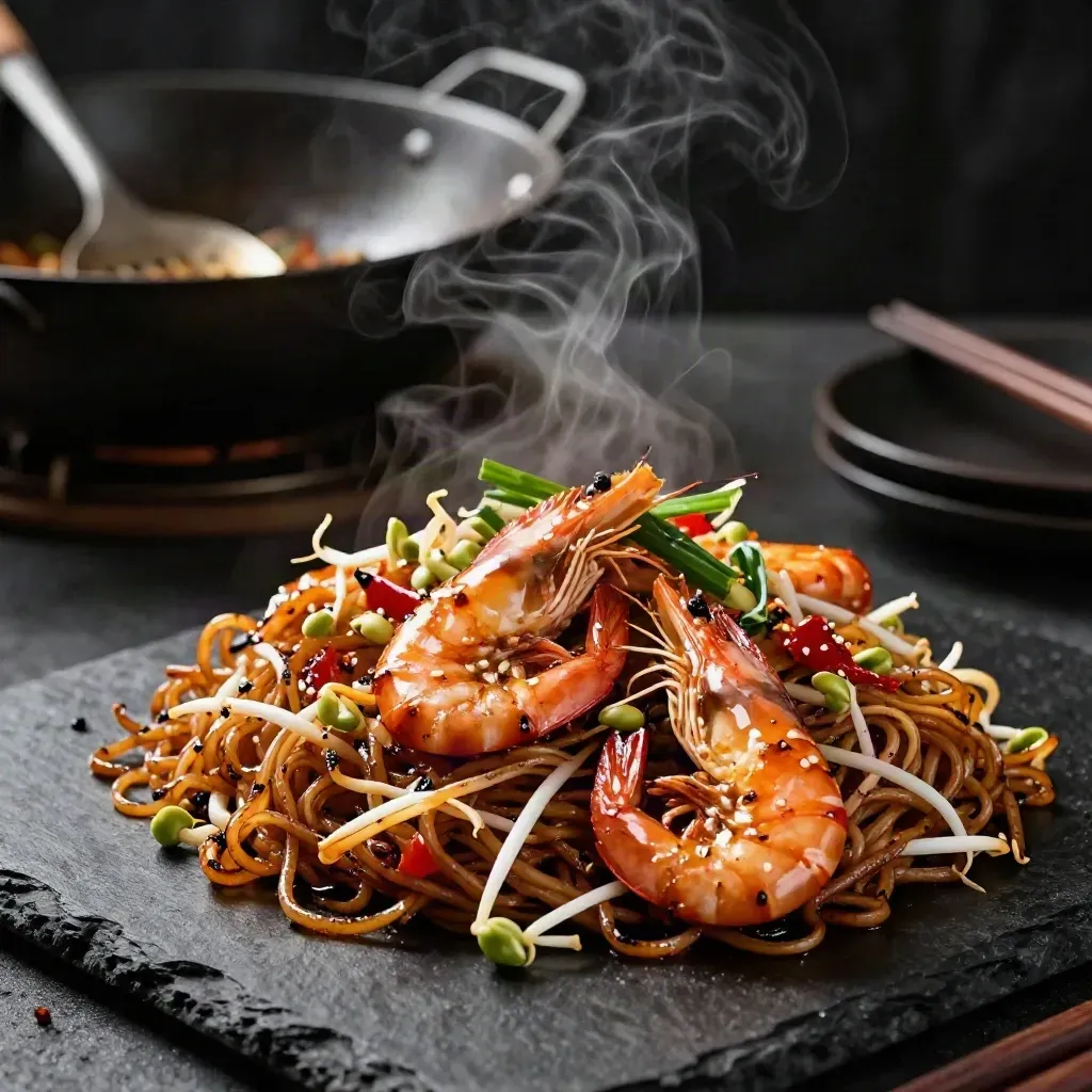 Mi char kuey teow udang panas dengan wap, tauge dan kucai di atas permukaan hitam gelap.