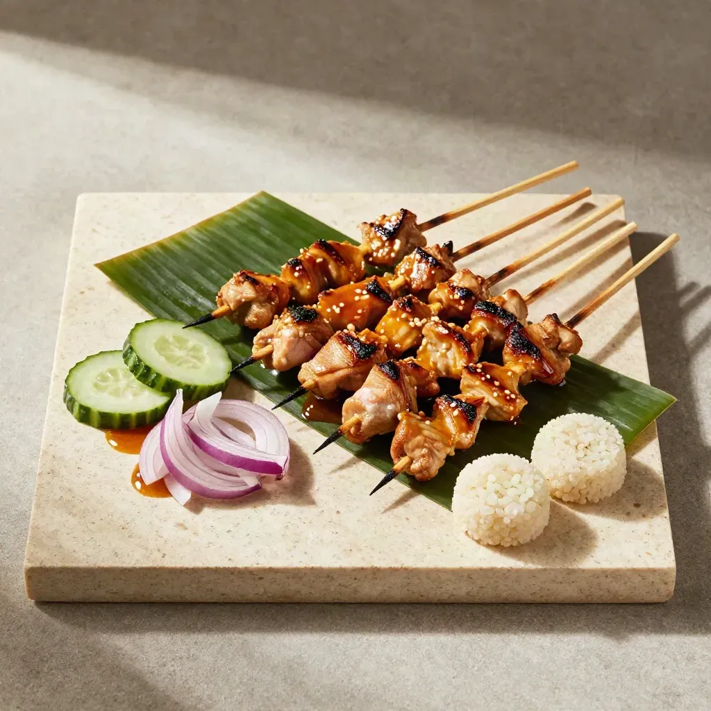 Sate ayam lima cucuk di atas daun pisang dengan sos kacang, timun dan ketupat kecil.