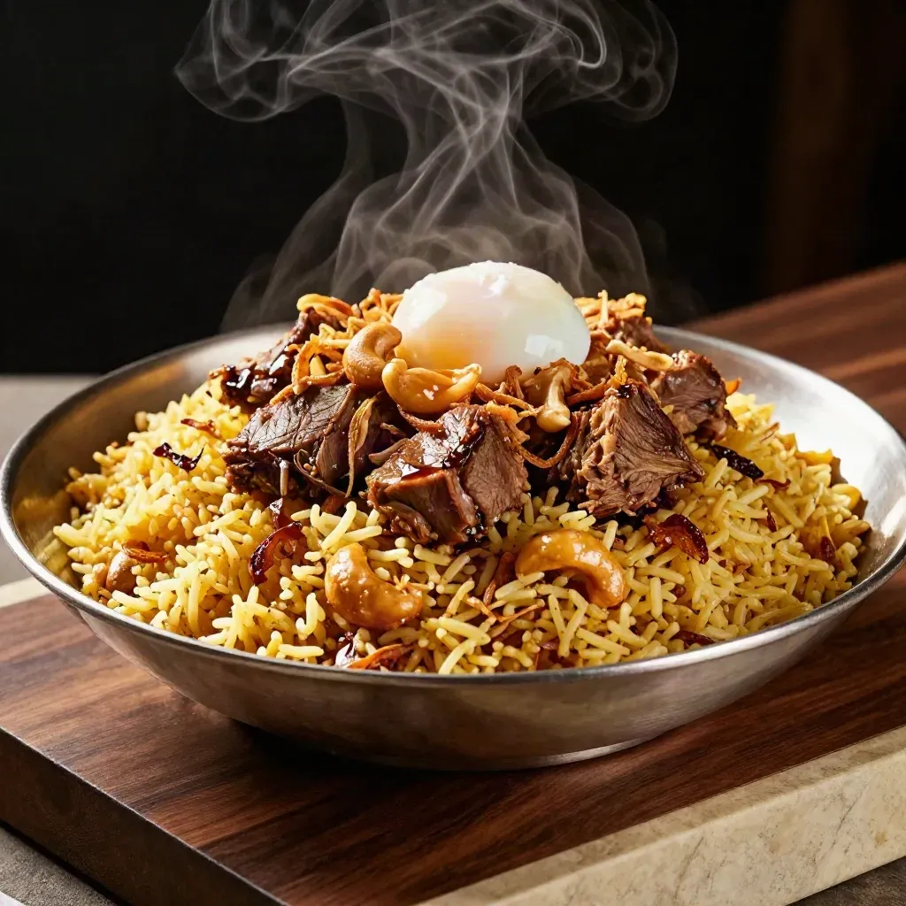 Nasi Briyani Kambing makro, kambing lembut, nasi berempah, telur rebus dan asap halus.