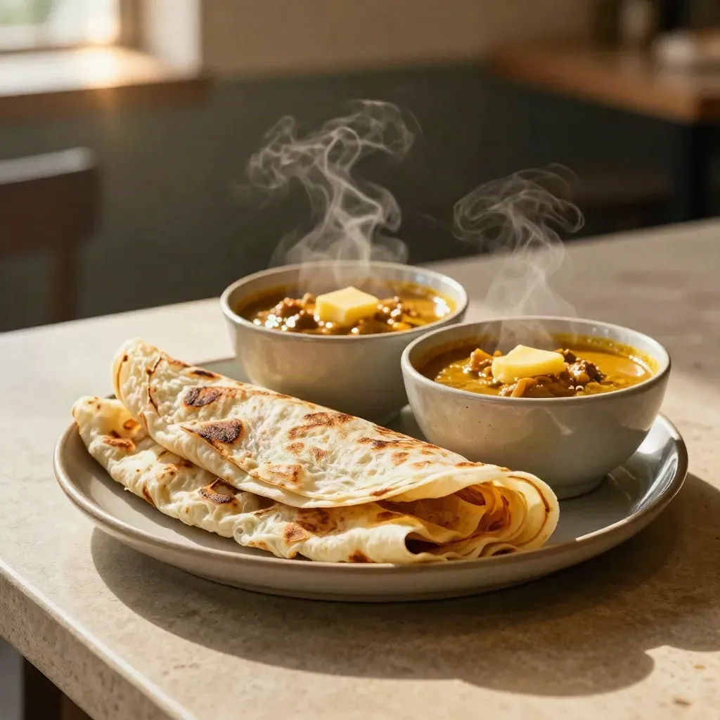 Roti canai berlapis dengan dua mangkuk kuah kari di atas pinggan seramik, berwap lembut.