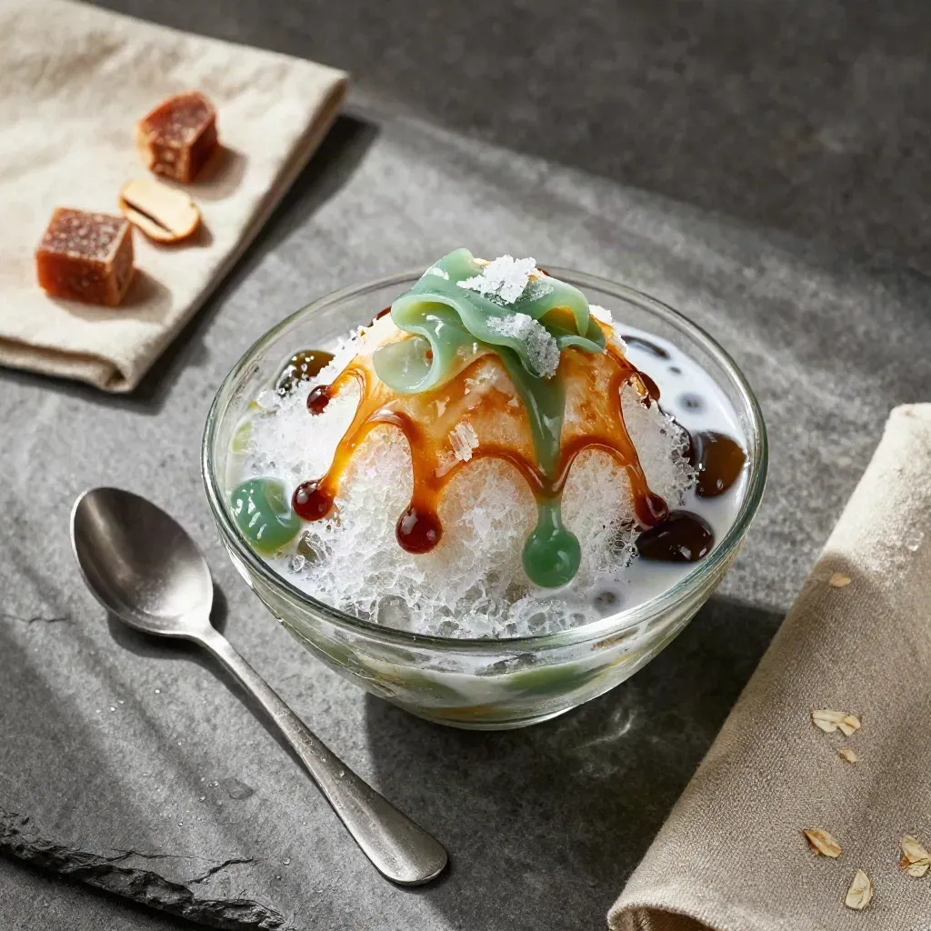 Hidangan cendol Gula Melaka dari atas di atas batu, berwap sejuk dan berkilau