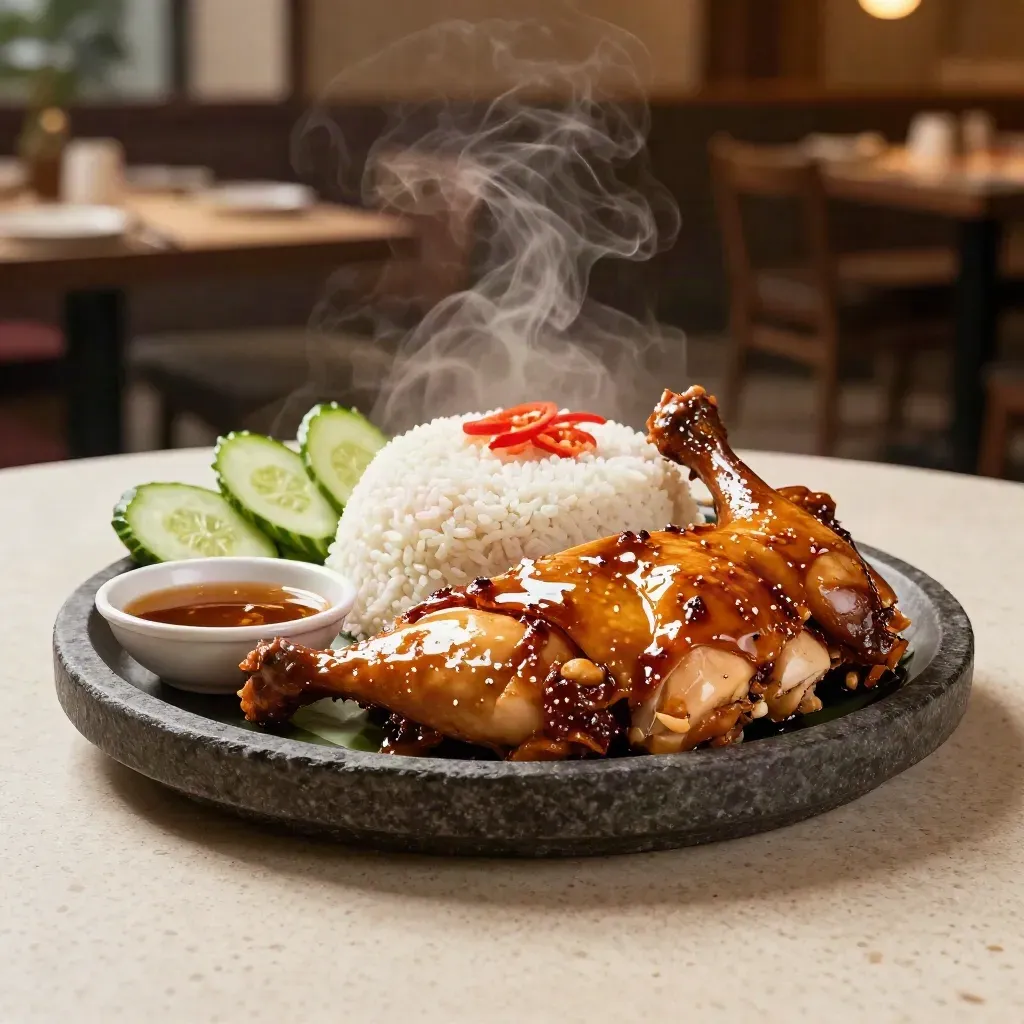 Hidangan Nasi Ayam Madu berkilat di atas plat batu gelap dengan nasi berwap.