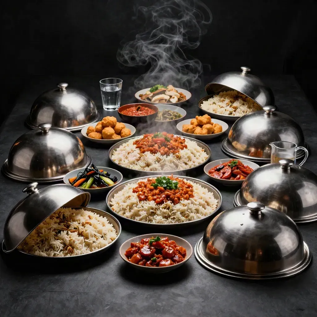 Set hidangan keluarga di atas permukaan hitam dengan sambal, nasi, sayur dan minuman berkabus.