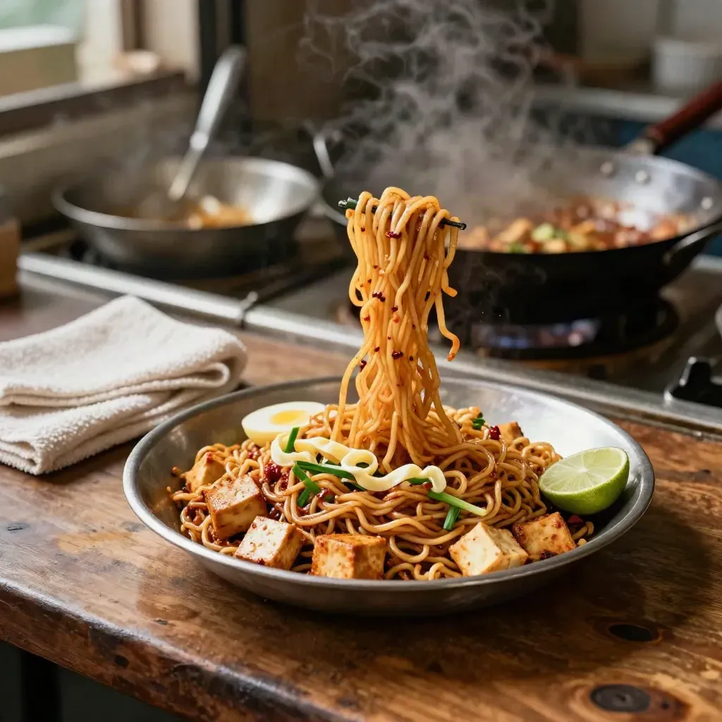 Mee goreng mamak di pinggan keluli, mi berpusing dengan tahu, telur, daun kucai dan limau.