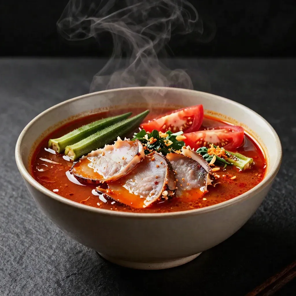 Semangkuk Asam Pedas Pari berwap dengan sayur dan ikan pari di atas permukaan hitam.