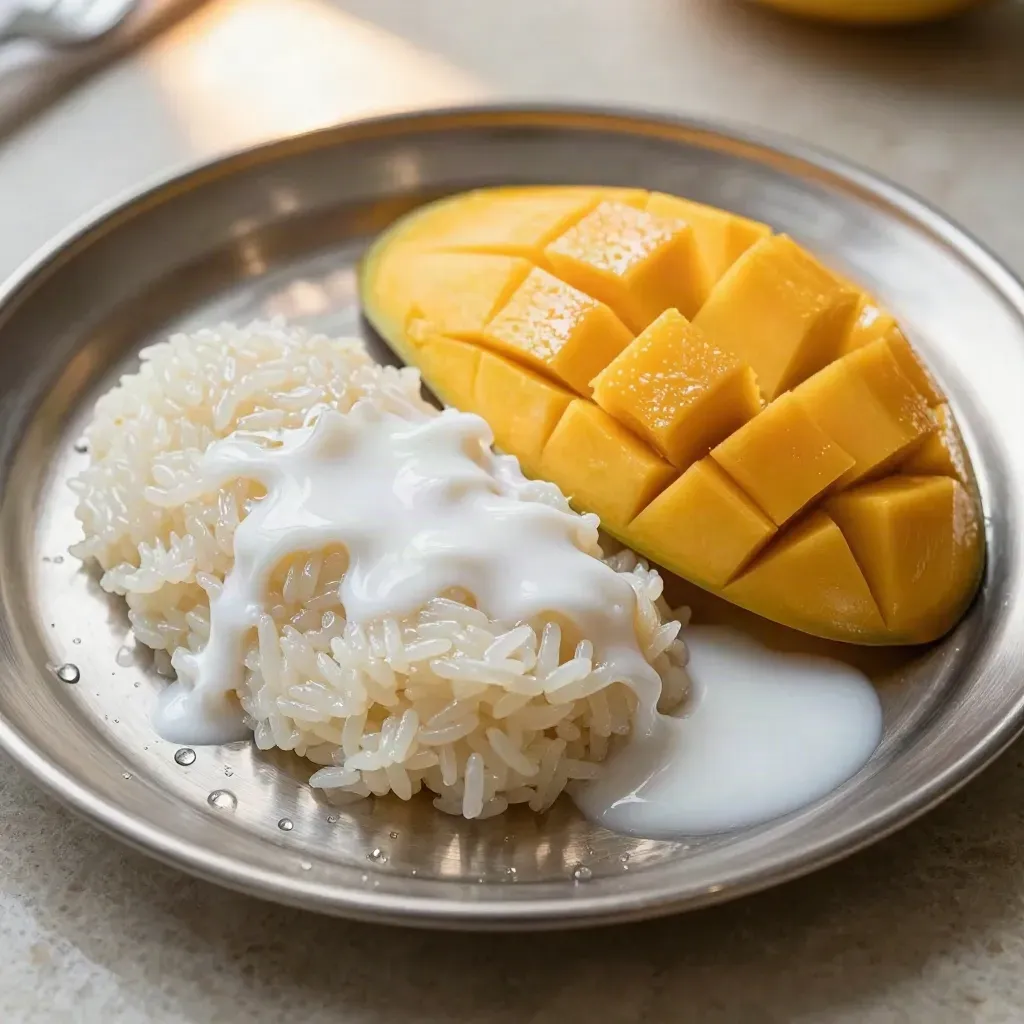 Pulut mangga harum di atas talam perak, pulut berkilau dengan hirisan mangga dan krim kelapa.