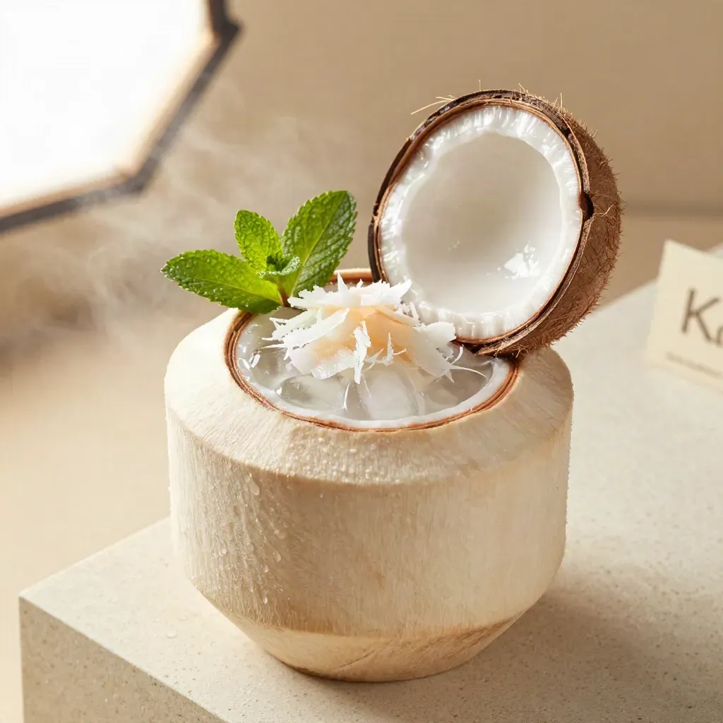 Air kelapa muda dalam tempurung dengan ais, pudina dan kabus sejuk di atas travertin.