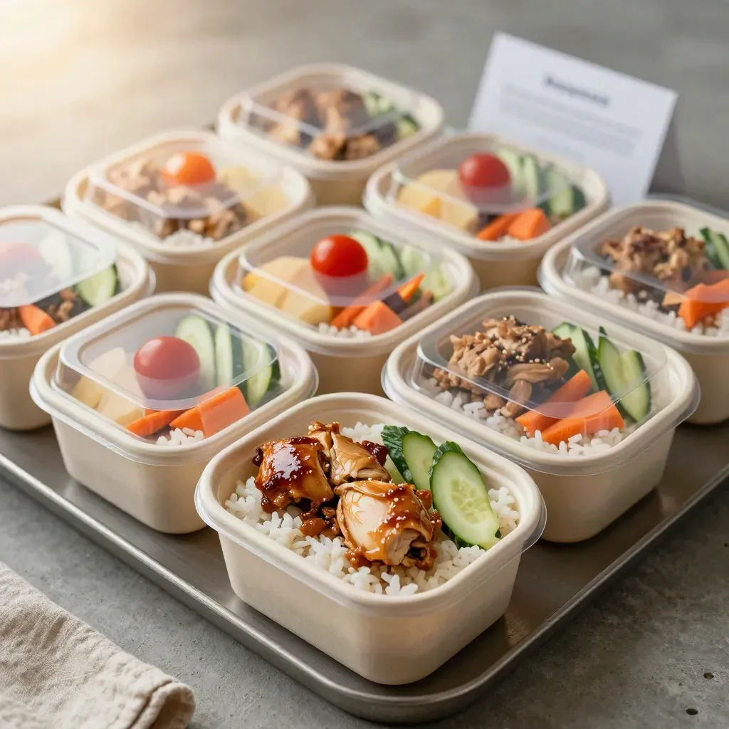 Sajian bento mesyuarat 10 pek tersusun rapi dengan wap halus di atas konkrit.