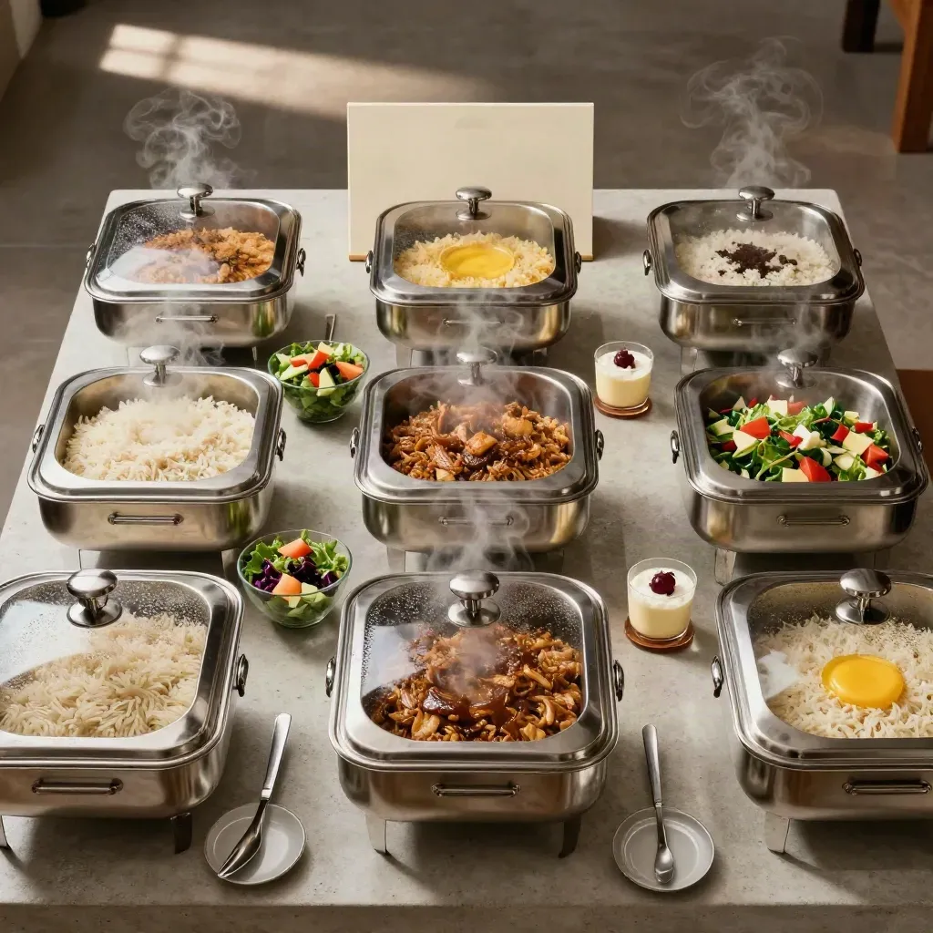 Flatlay buffet kecil dengan nasi, salad dan pencuci mulut di atas slab konkrit