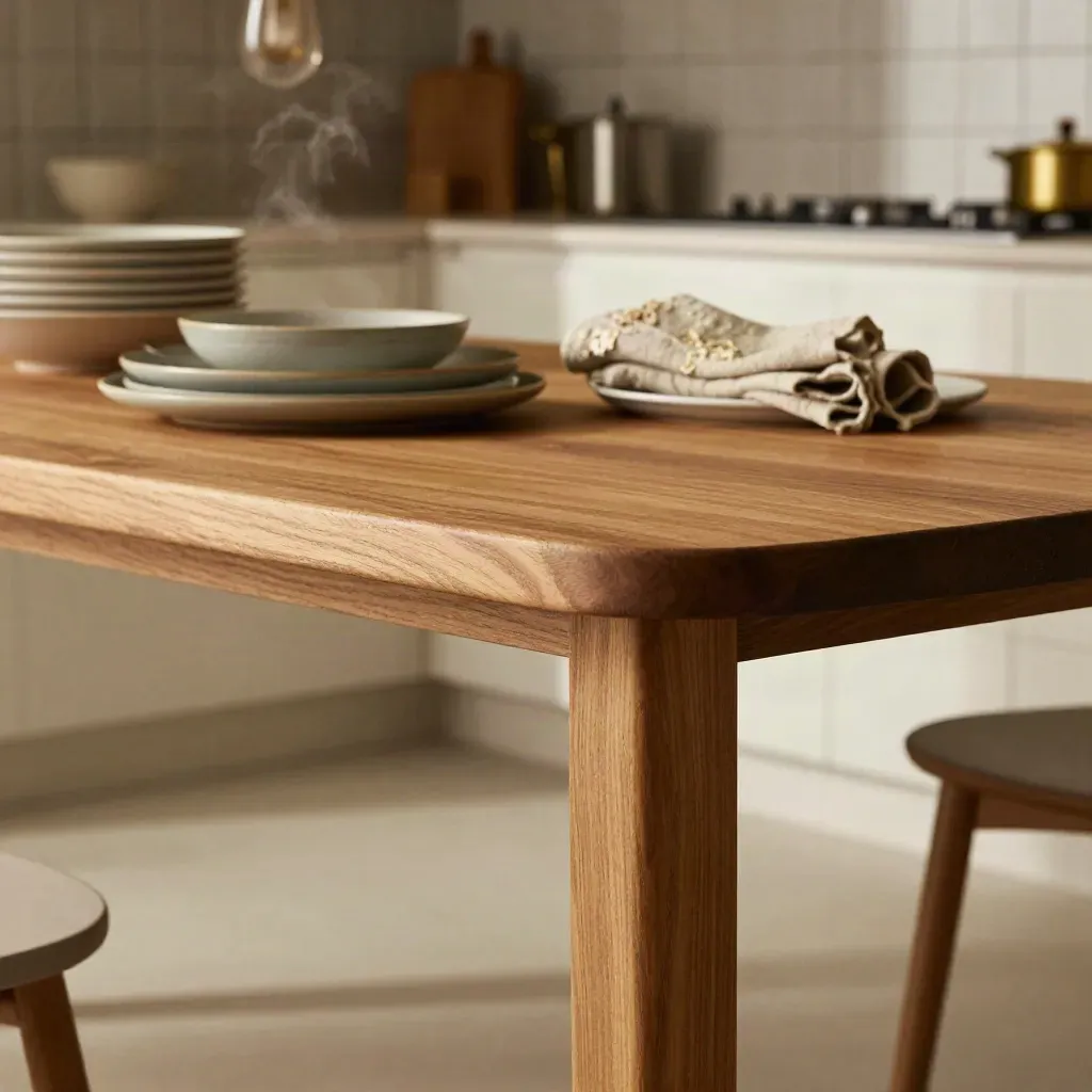 Meja kayu komuniti hangat di dapur terbuka berjubin dengan pinggan neutral dan cahaya lembut.